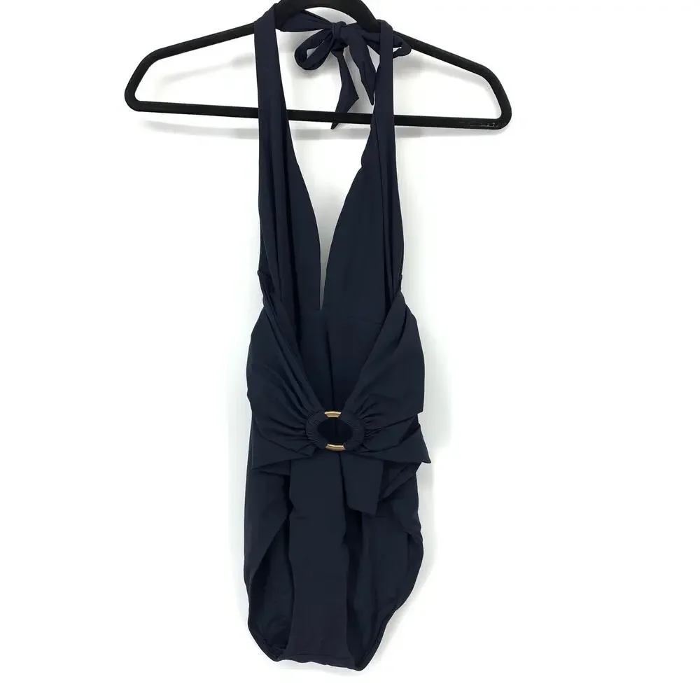 JETS Australia Halter Neck One Piece Swimsuit Womens US Sz 8 Ruched Belt Navy
